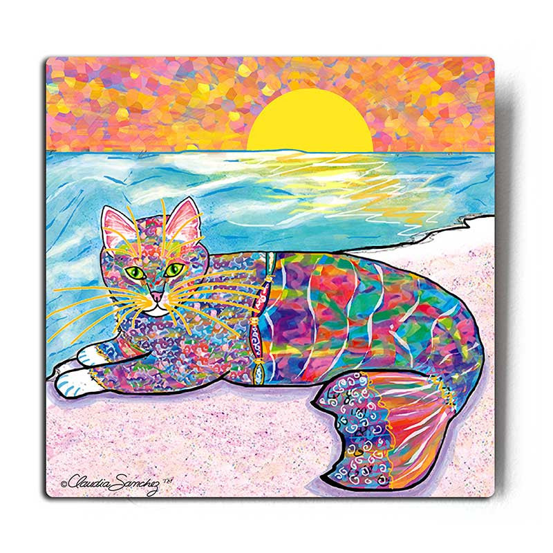 Abby Mercat Aluminum Cat Art Print by Claudia Sanchez - White Background