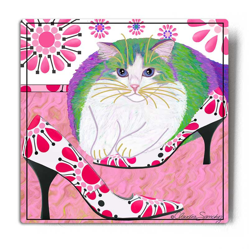 Ali's Favorite Heels Aluminum Cat Art Print by Claudia Sanchez, Claudia's Cats Collection