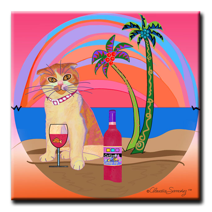 Aloha Lucy Sunset  Decorative Ceramic Cat Art Tile by Claudia Sanchez