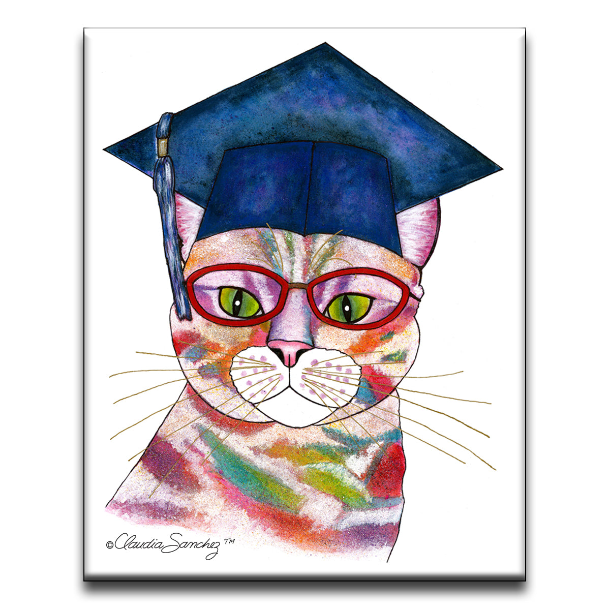 Amy Grad Cat 8x10" Decorative Ceramic Cat Art Tile by Claudia Sanchez