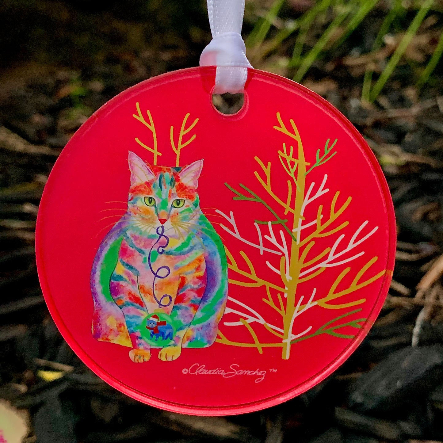 Tabby Antler Cat Acrylic ornament by Claudia Sanchez