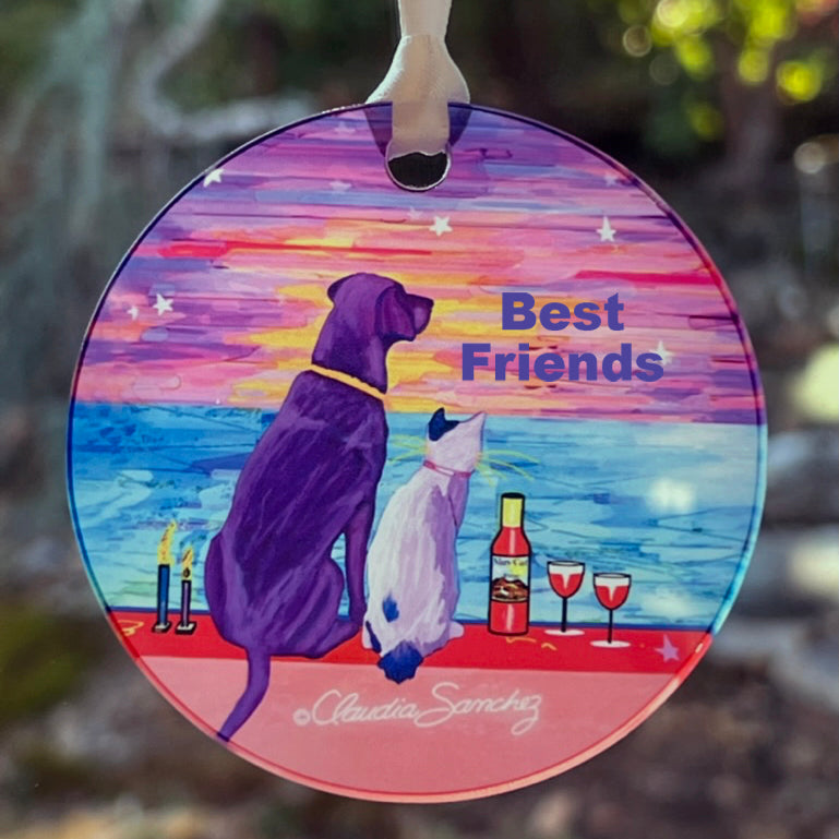 Best Friends Cat and Dog Art Ornament by Claudia Sanchez - Acrylic
