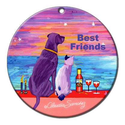 Best Friends Cat and Dog Art Ornament by Claudia Sanchez