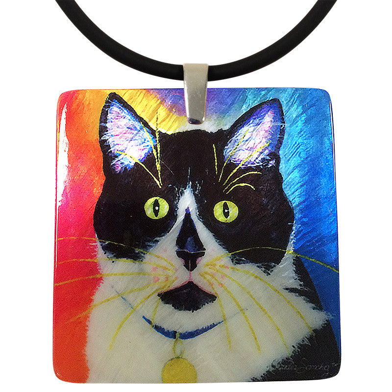 Bootie Mother of Pearl Cat Art Pendant Necklace by Claudia Sanchez, Claudia's Cats Collection