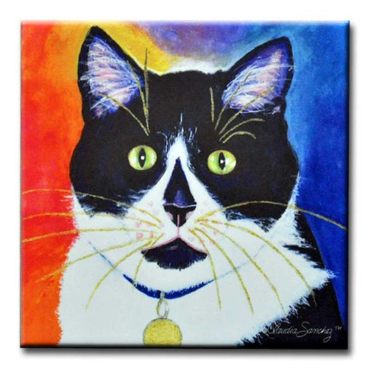 Bootie Black and White Cat Art Tile by Claudia Sanchez, Claudia's Cats Collection