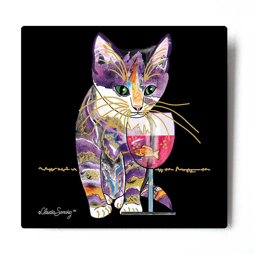 Catnip Sip on Black - Aluminum Cat Art Print by Claudia Sanchez