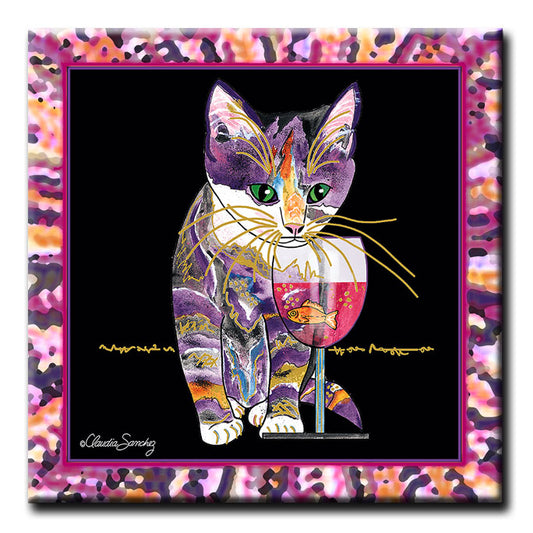 Catnip Sip Black with Border - Square Decorative Ceramic Cat Art Tile by Claudia Sanchez