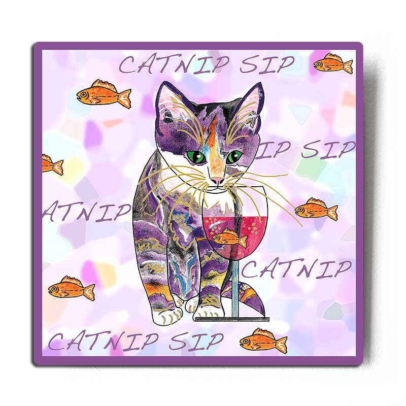 Catnip Sip with Goldfish Cat Art Print by Claudia Sanchez, Claudia's Cats Collection