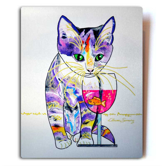 Catnip Sip (Silver) Aluminum Cat Art Print, 8x10"