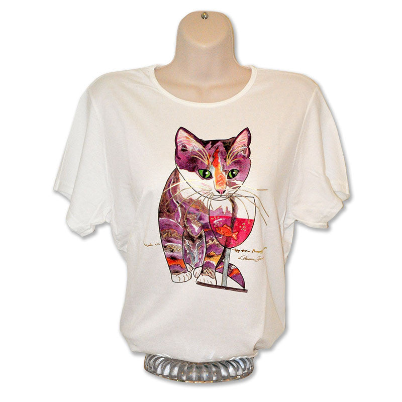 Catnip Sip Wine Country Cat Art T-Shirt by Claudia Sanchez