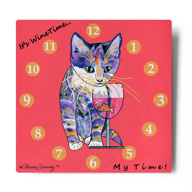 Catnip Sip Wine O'Clock Aluminum Cat Art Print by Claudia Sanchez (Silver background)