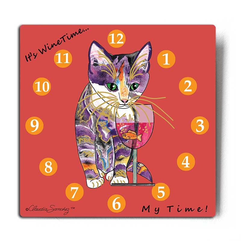 Catnip Sip Wine O'Clock Aluminum Cat Art Print by Claudia Sanchez (White Background)