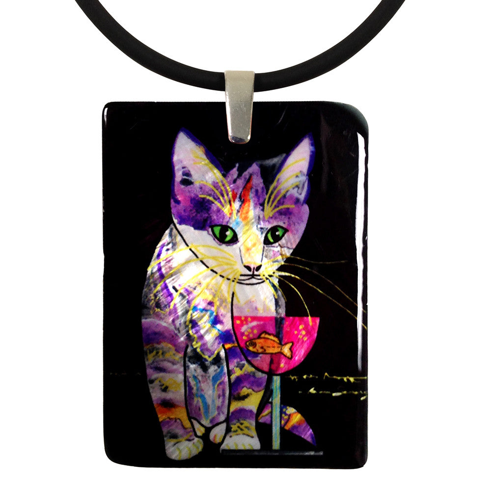 Catnip Sip Mother of Pearl Cat Art Pendant Necklace, Black by Claudia Sanchez, Claudia's Cats Collection