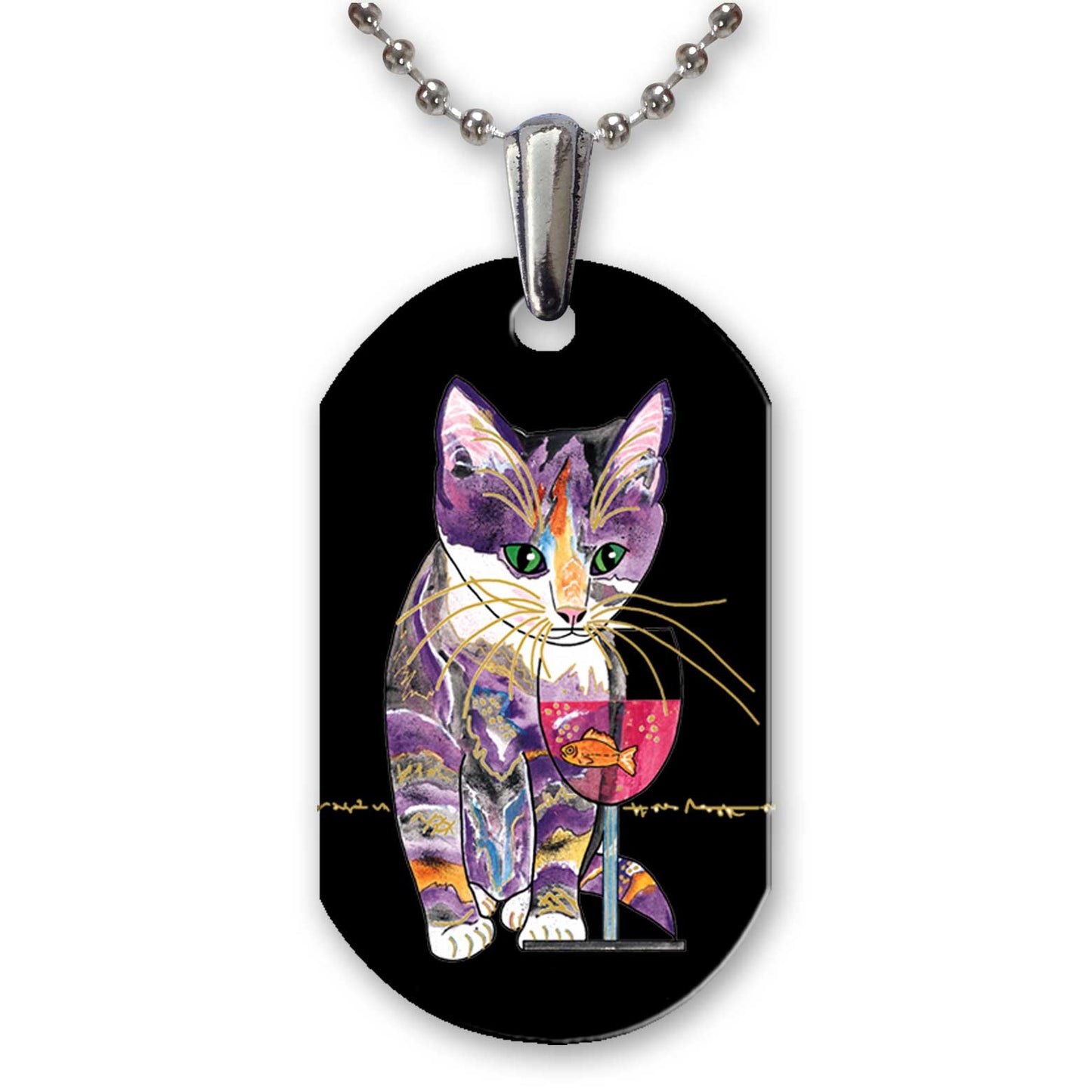 Catnip Sip on Black - Aluminum Cat Art Pendant Necklace by Claudia Sanchez
