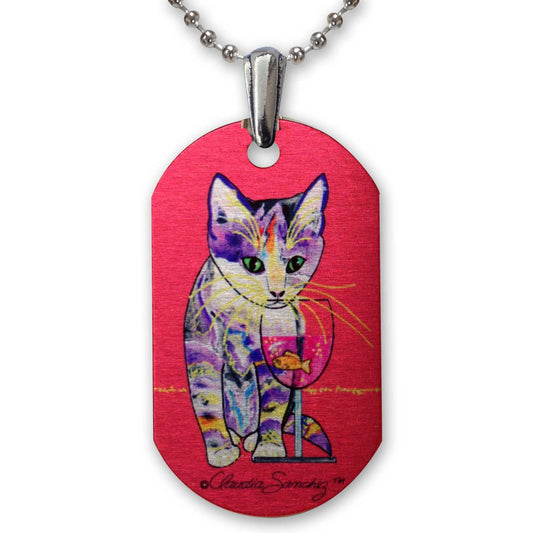 Catnip Sip on Red - Aluminum Cat Art Pendant Necklace by Claudia Sanchez, Claudia's Cats Collection