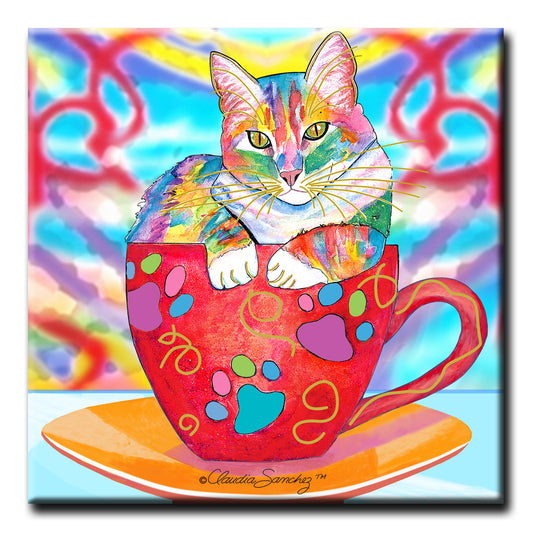Coffee Cat Multicolor Decorative Ceramic Cat Art Tile by Claudia Sanchez Claudia's Cats Collection