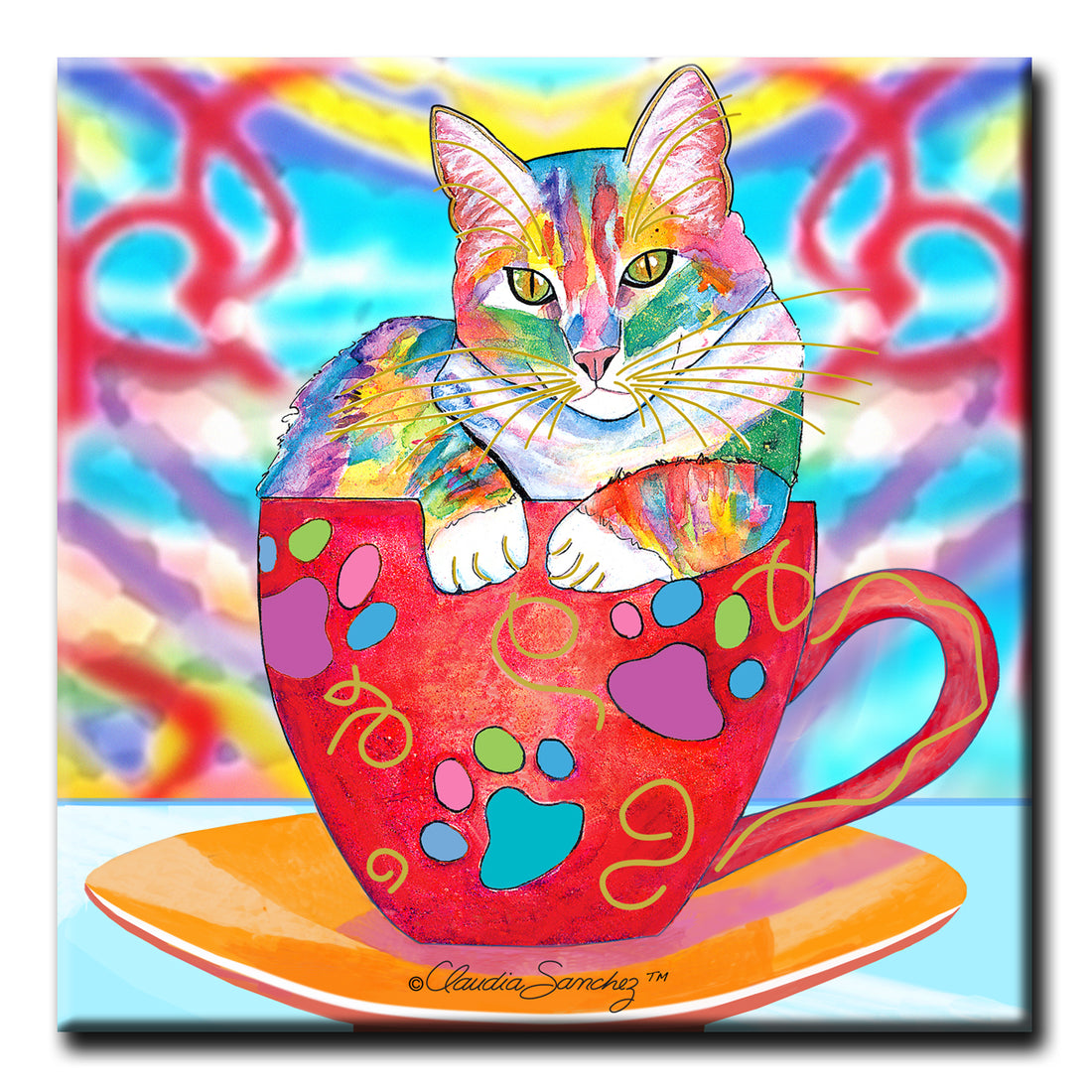 Coffee Cat Decorative Ceramic Cat Art Tile by Claudia Sanchez Claudia