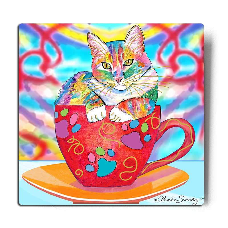 Coffee Cat Multicolor Aluminum Cat Art Print by Claudia Sanchez, Claudia's Cats Collection