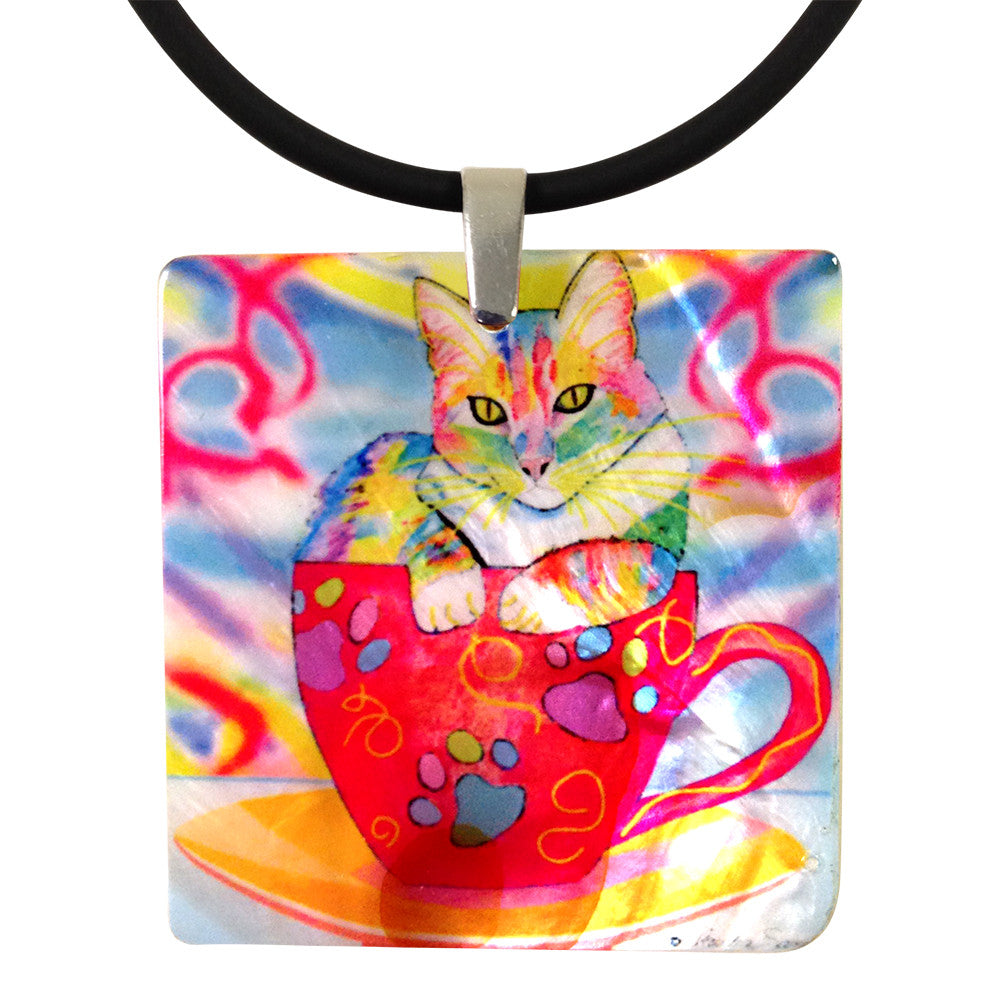 Abby Coffee Cat Mother of Pearl Pendant Necklace by Claudia Sanchez, Claudia's Cats Collection