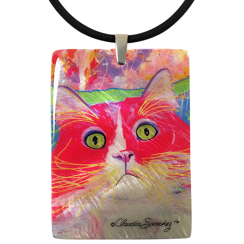 Dory Red Devil Hot Shot Mother of Pearl Cat Art Pendant Necklace by Claudia Sanchez