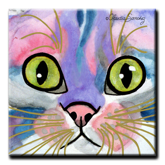 Elliot Face (Purple) Decorative Ceramic Cat Art Tile by Claudia Sanchez