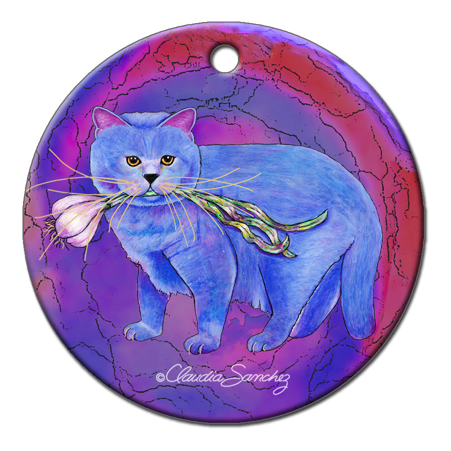 Kayo Garlic Cat Ornament - Multicolored Background by Claudia Sanchez