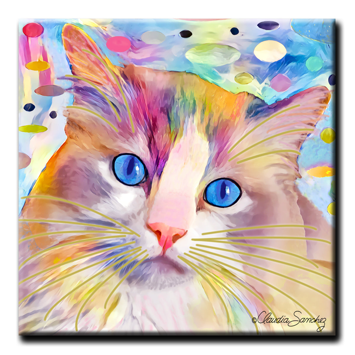 Gunner's Face in Space Decorative Ceramic Cat Art Tile by Claudia Sanchez