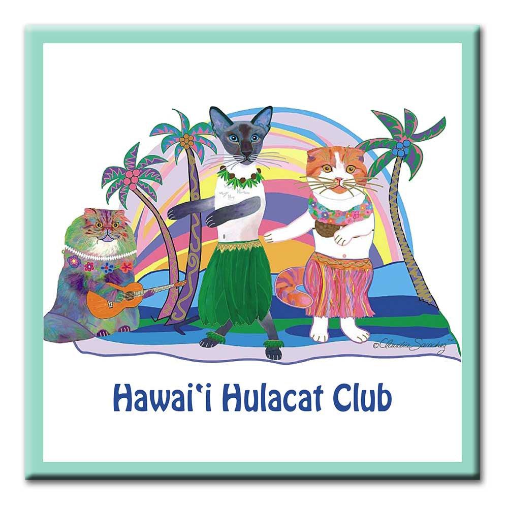 Hawaii Hulacat Club Ceramic Cat Art Tile by Claudia Sanchez
