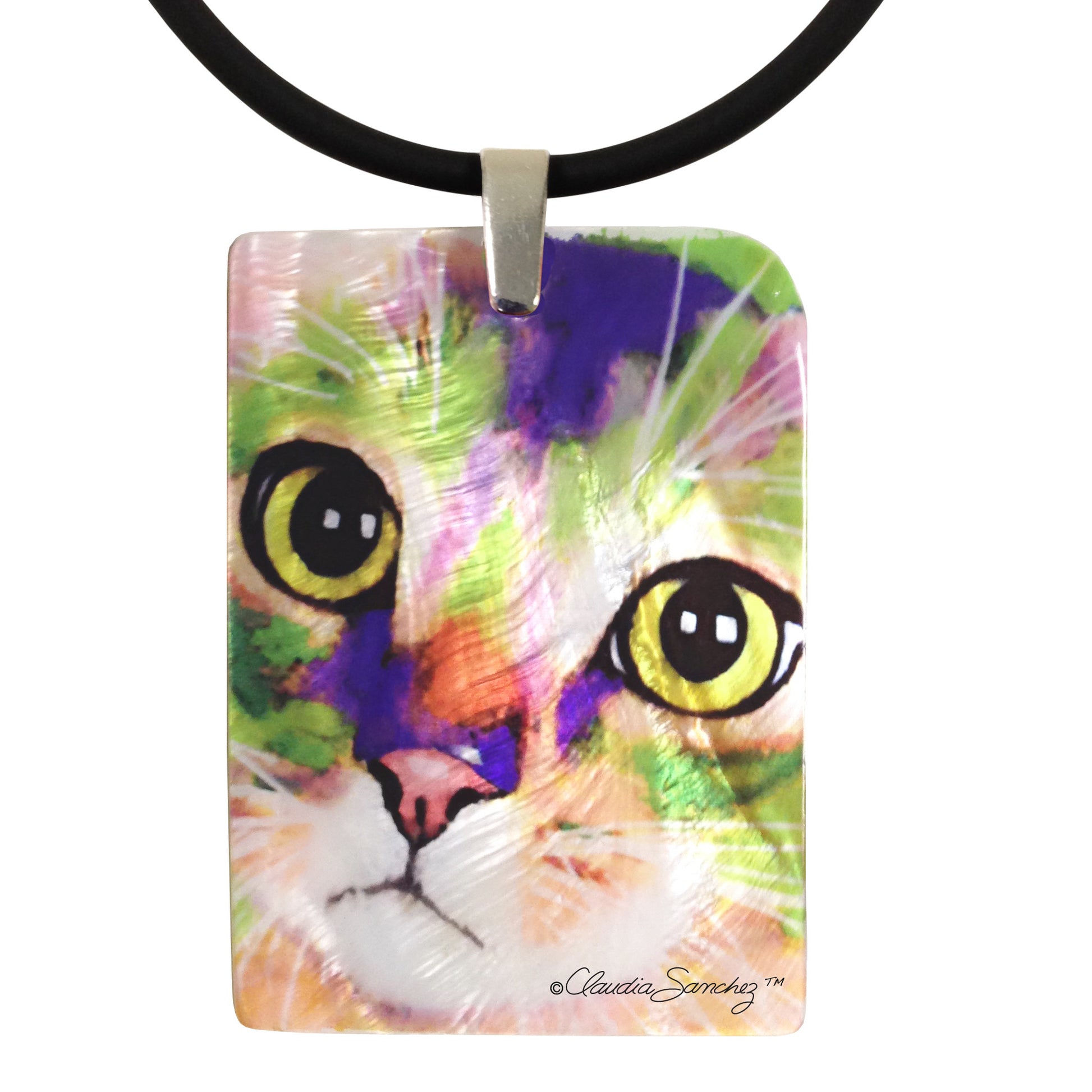 Kauhi Eyes Mother of Pearl Cat Art Pendant Necklace by Claudia Sanchez, Claudia's Cats collection