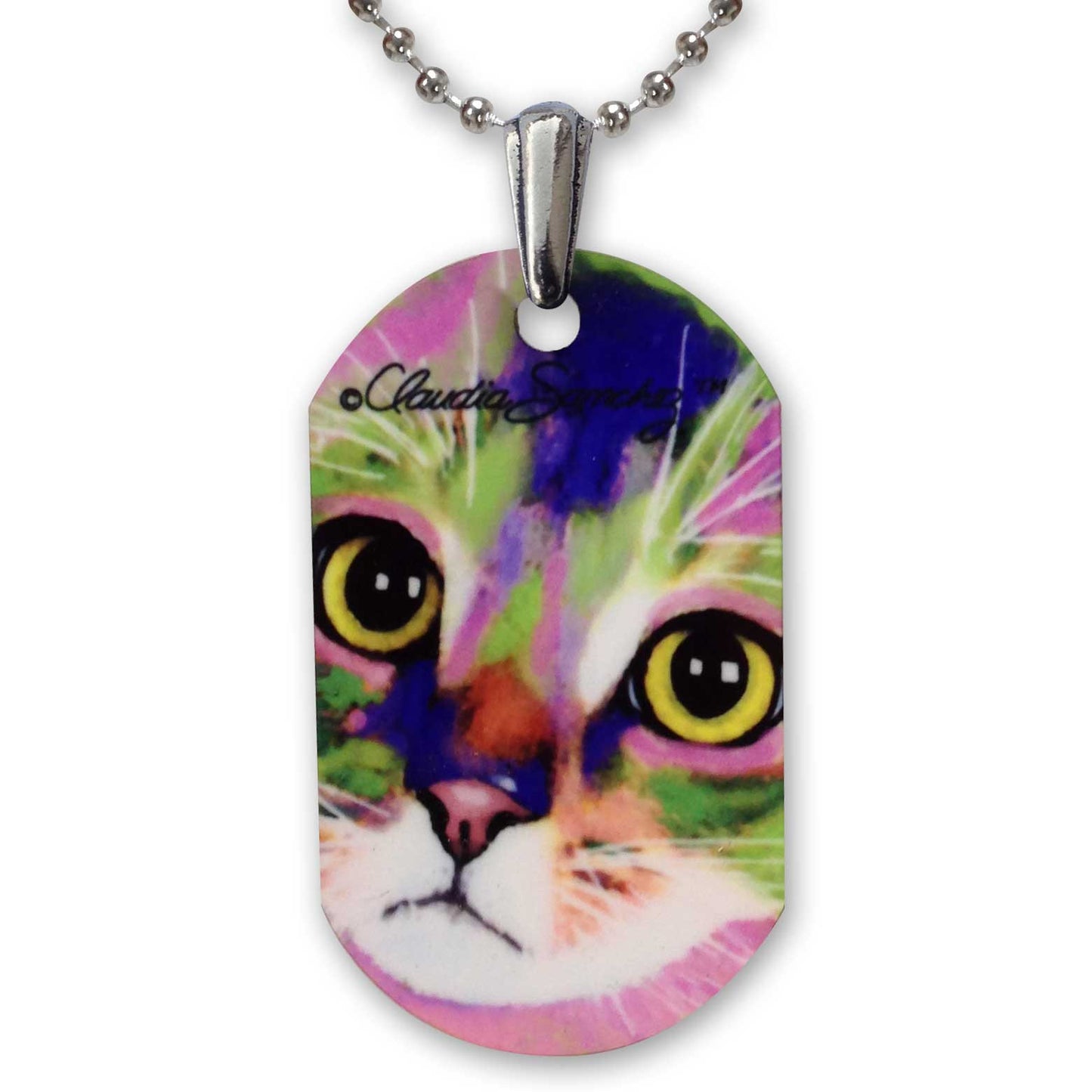 Kauhi Eyes Cat Art Aluminum Pendant Necklace by Claudia Sanchez - White