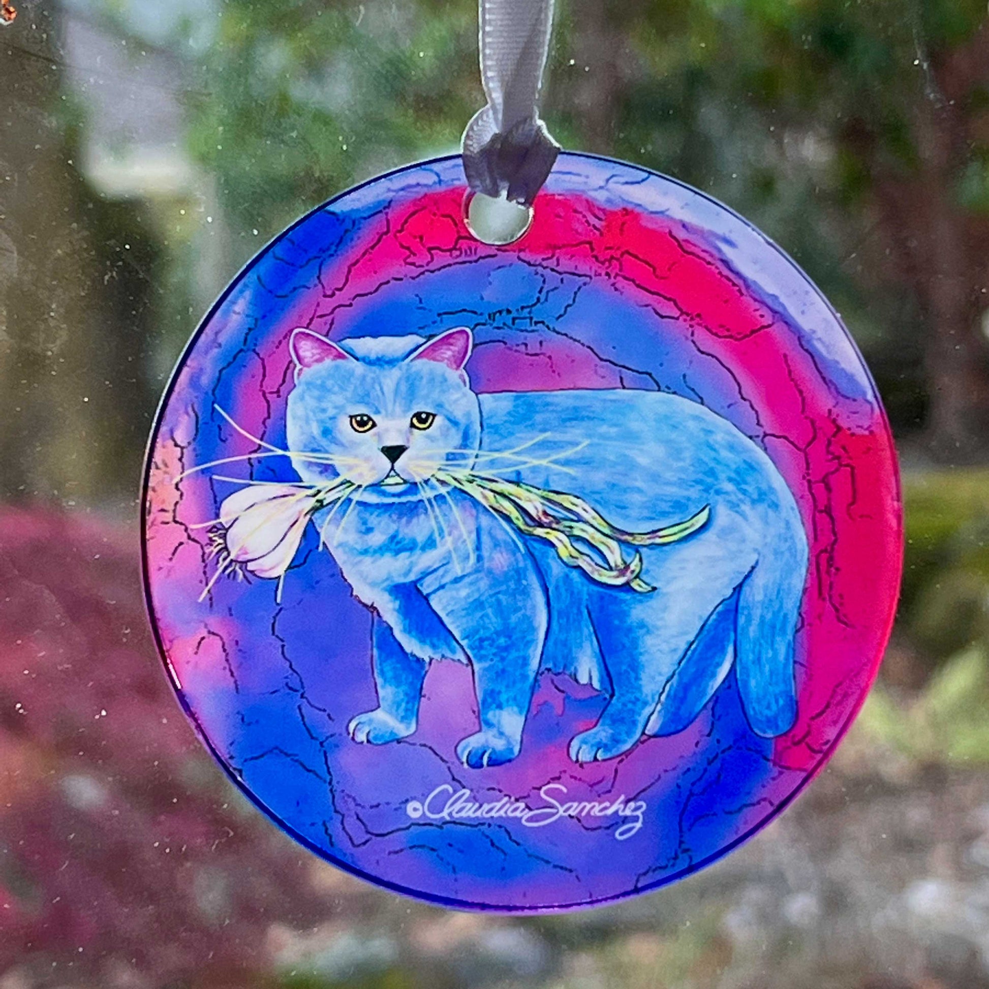 Kayo Garlic Acrylic Cat Ornament - Multicolored Background by Claudia Sanchez