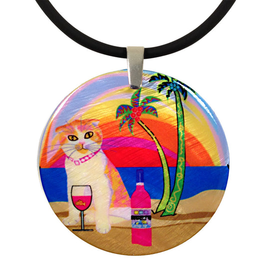 Aloha Lucy Mother of Pearl Cat Art Pendant Necklace by Claudia Sanchez, Claudia's Cats Collection