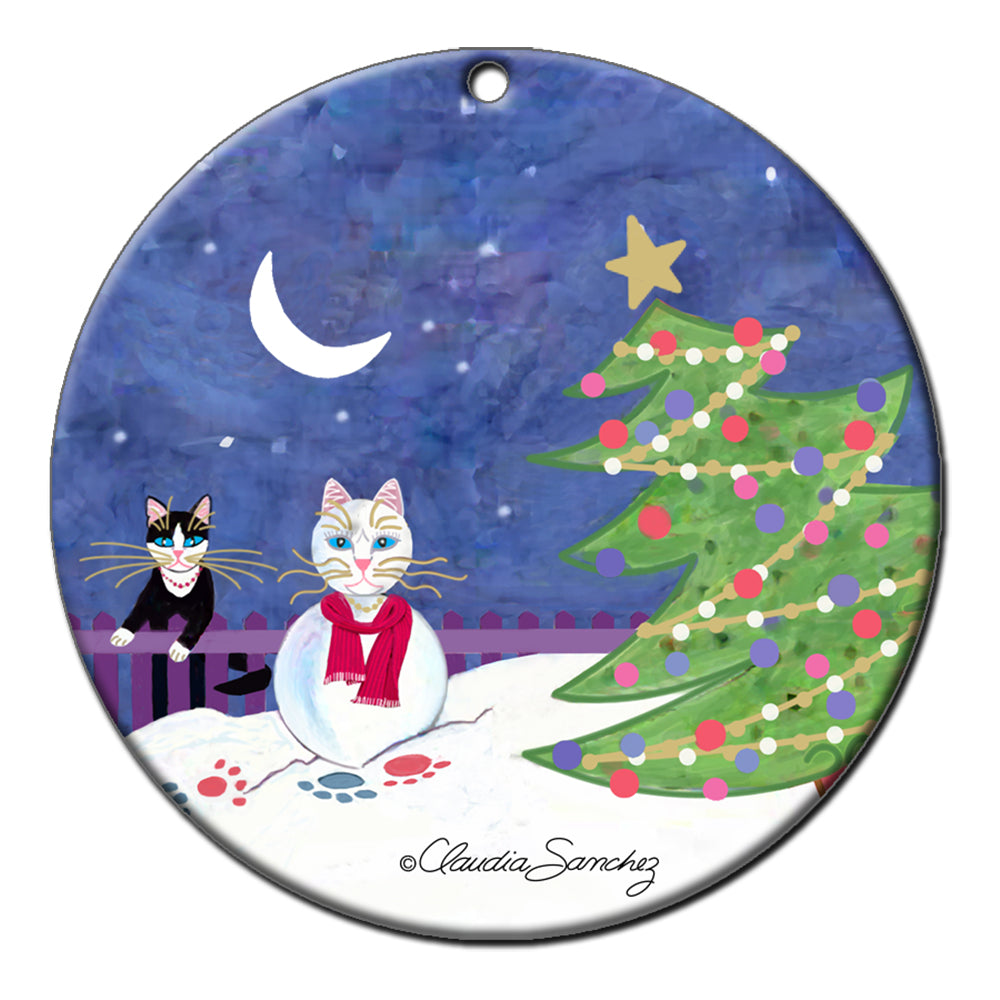 Mischa and the Snowgirl Cat Porcelain Cat Art Christmas Ornament by Claudia Sanchez
