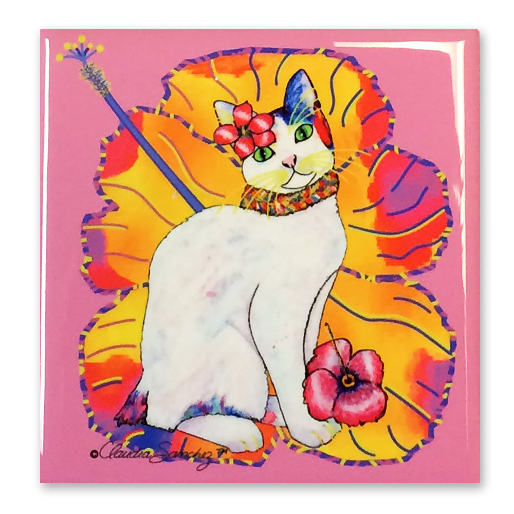 Monica Hibiscus Decorative Ceramic Cat Art Tile by Claudia Sanchez