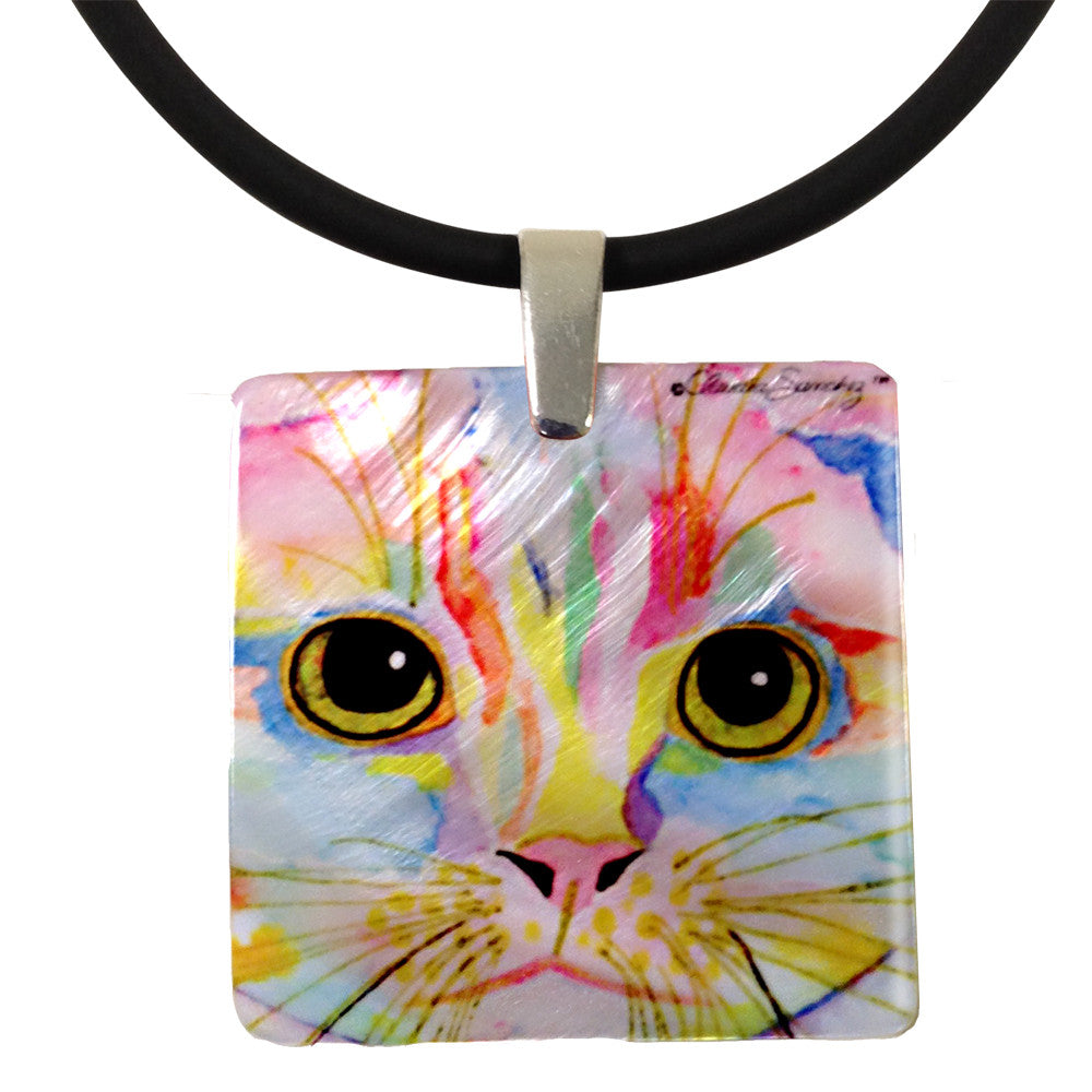 Morris Face Mother of Pearl Cat Art Pendant Necklace by Claudia Sanchez