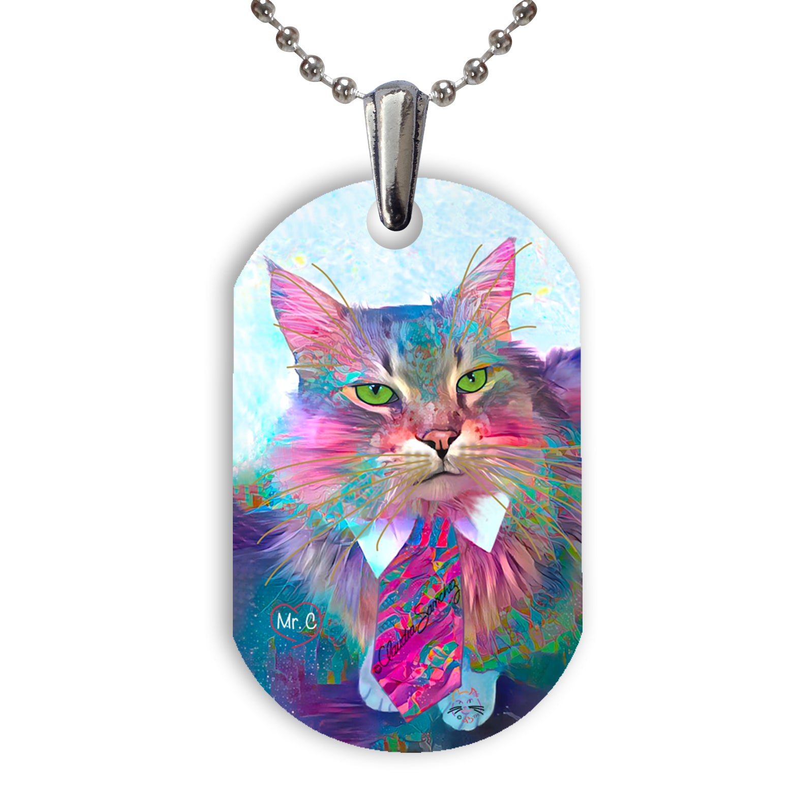 Mr C Cat Art Aluminum Pendant Necklace by Claudia Sanchez