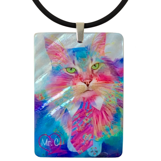 Mr C Mother of Pearl Cat Art Pendant Necklace