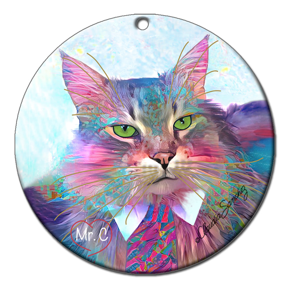 Mr C - Porcelain Cat Art Christmas Ornament by Claudia Sanchez