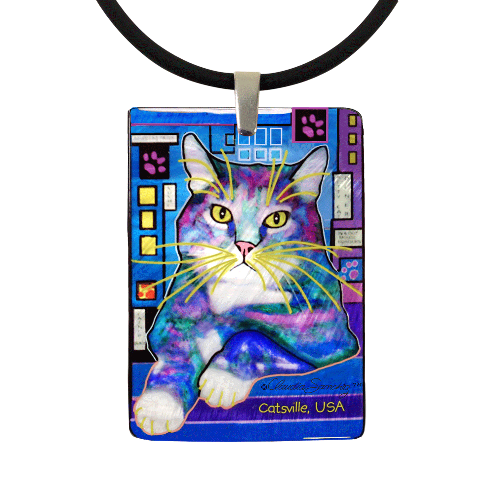 Napper in Catsville Mother of Pearl Cat Art Pendant Necklace by Claudia Sanchez