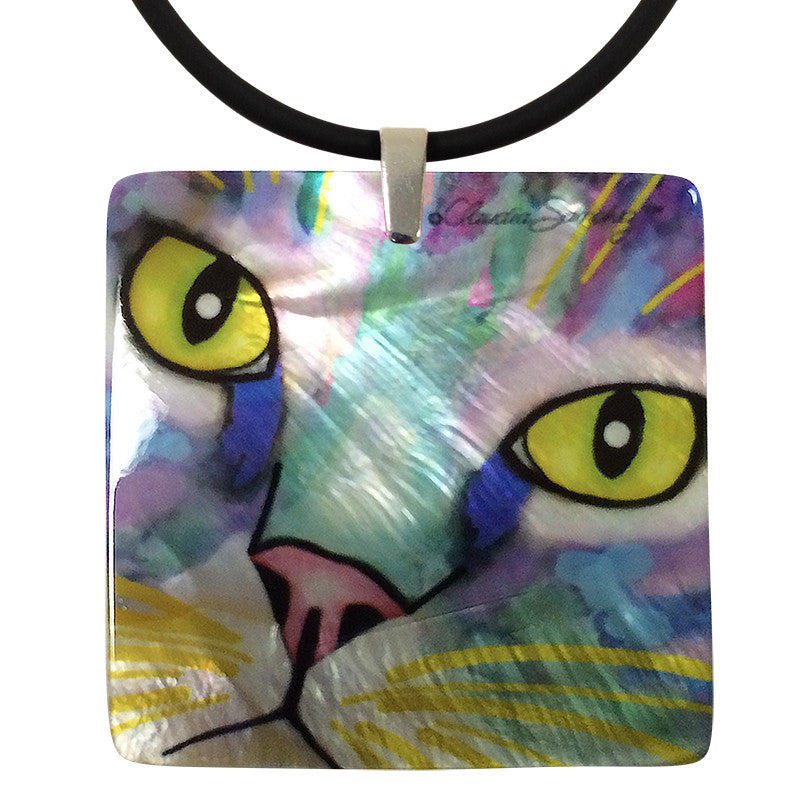 Napper's Eyes Mother of Pearl Cat Art Pendant Necklace by Claudia Sanchez, Claudia's Cats collection