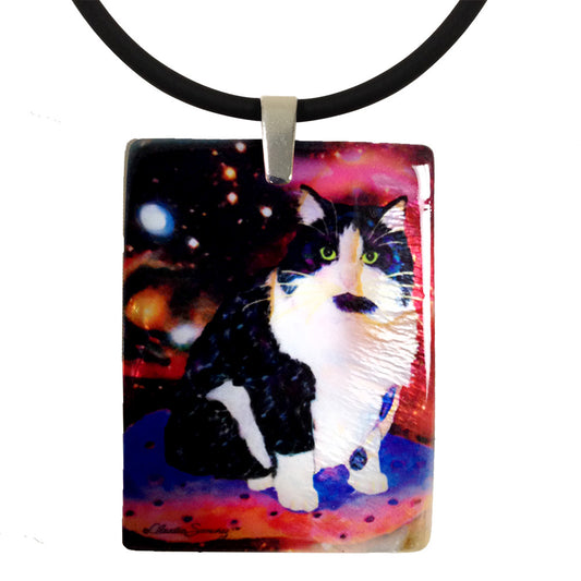 Oreo, Astronaut Cat Mother of Pearl Pendant Necklace by Claudia Sanchez