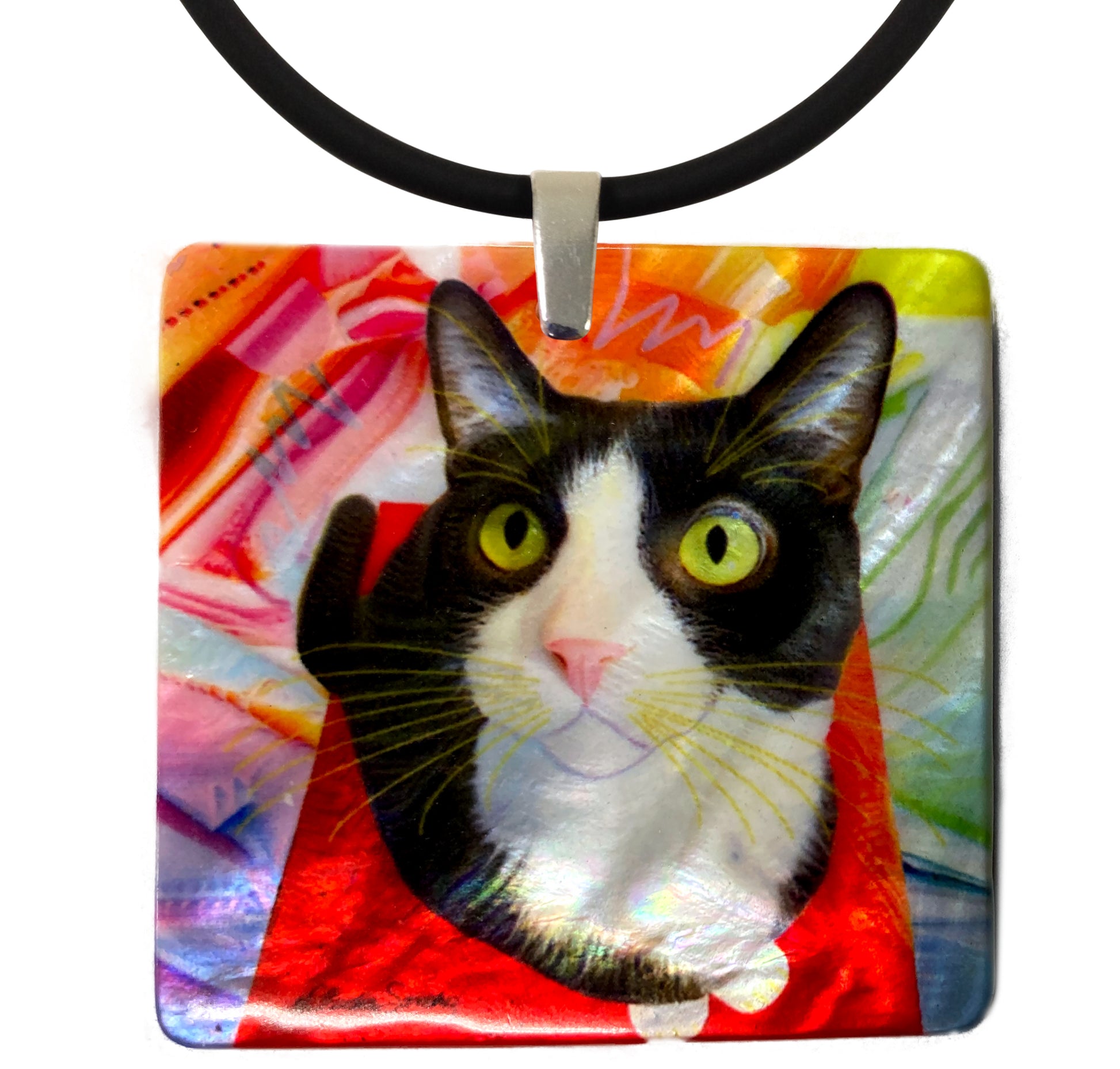 Pinto Mother of Pearl Cat Art Pendant Necklace by Claudia Sanchez