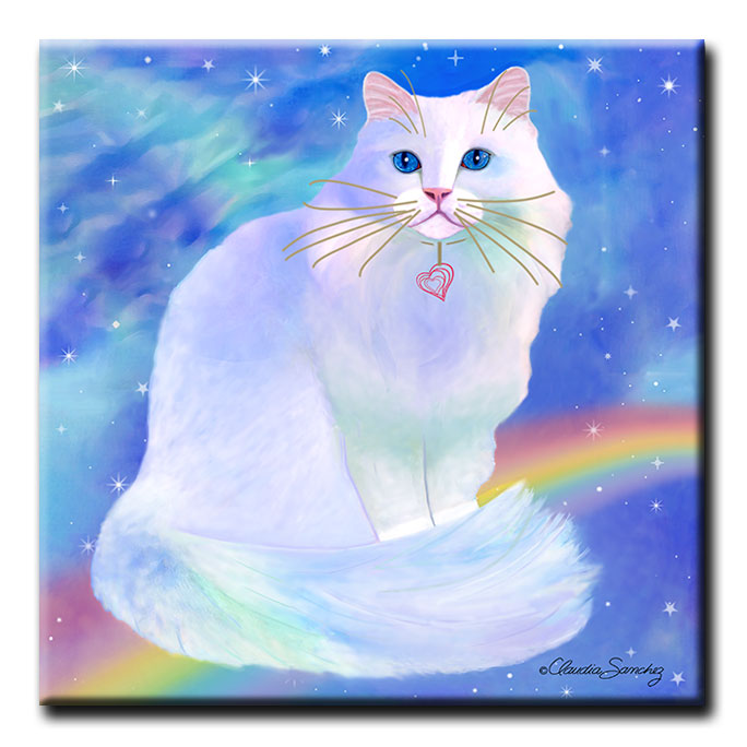 Rainbow Blue Romeo - Decorative Ceramic Cat Art Tile by Claudia Sanchez