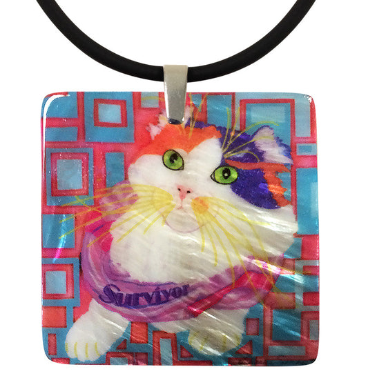 Sabrina Survivor Cat Mother of Pearl Cat Art Pendant Necklace by Claudia Sanchez, Cats for the Cure