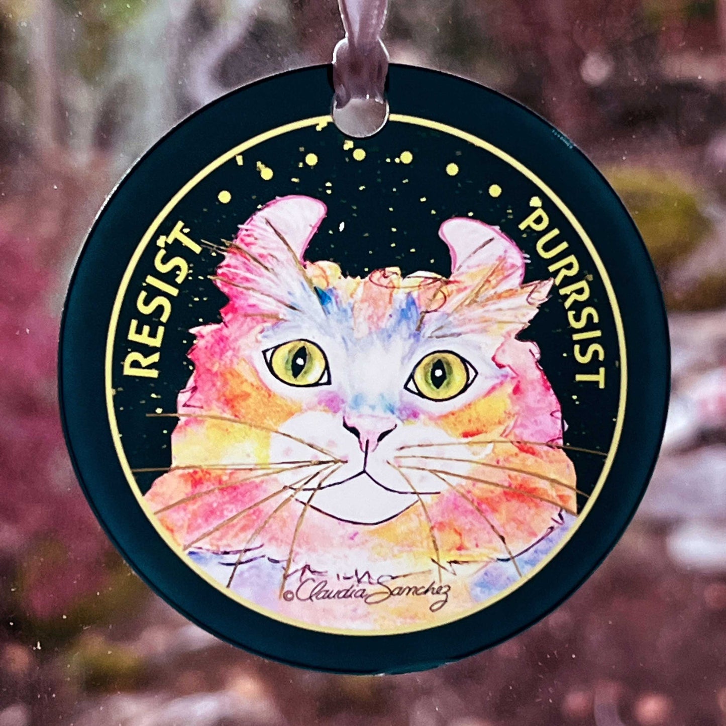 Simba RESIST•PURRSIST acrylic Cat Art Ornament by Claudia Sanchez