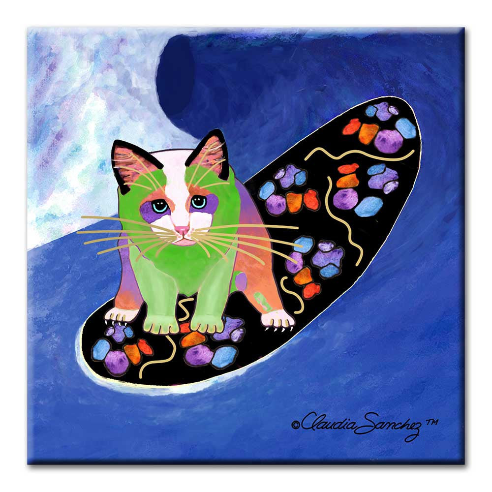 Poi Surfer Boy Ceramic Cat Art Tile by Claudia Sanchez