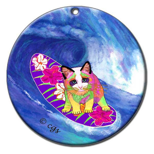 Surfer Girl Ceramic Cat Art Christmas Ornament by Claudia Sanchez, Claudia's Cats Collection