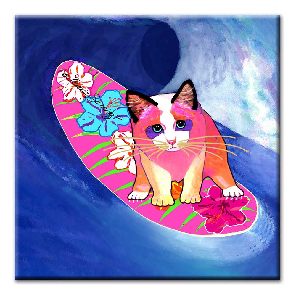 Mango Surfer Girl Ceramic Cat Art Tile by Claudia Sanchez