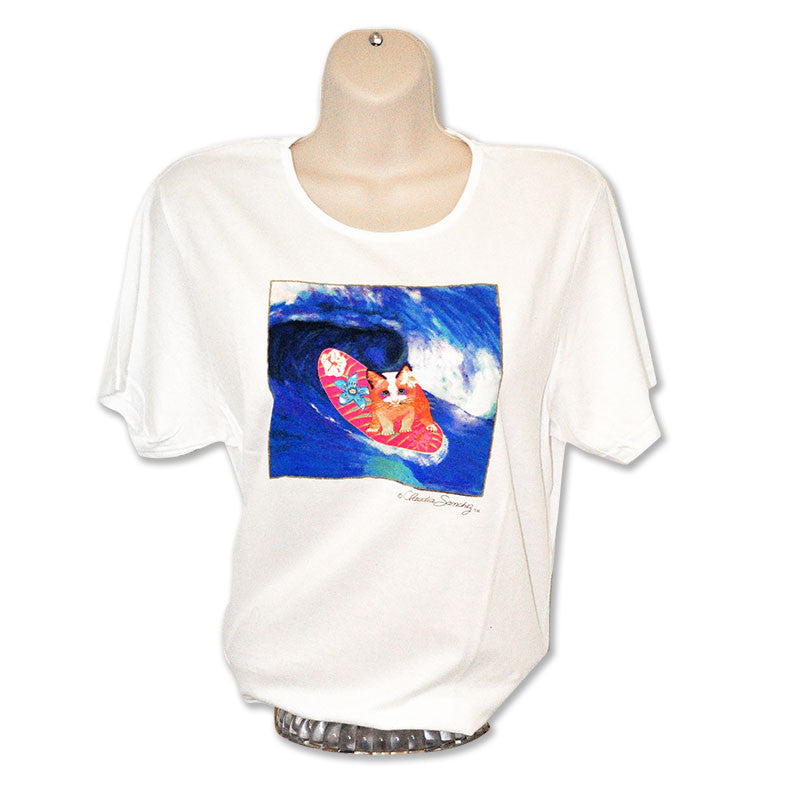 Mango Surfer Girl Cat Art T-Shirt by Claudia Sanchez, Claudia's Cats Collection