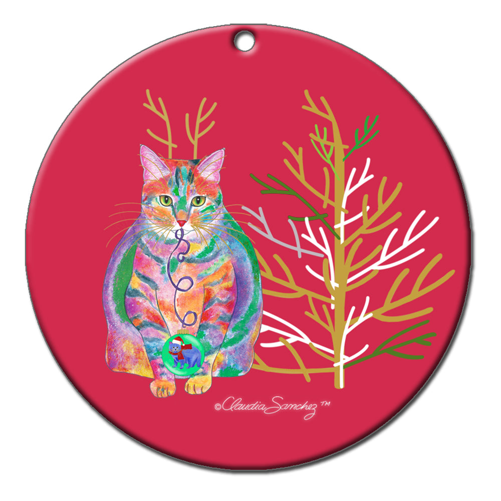 Tabby Antler Cat & Tree, Porcelain Christmas Ornament by Claudia Sanchez
